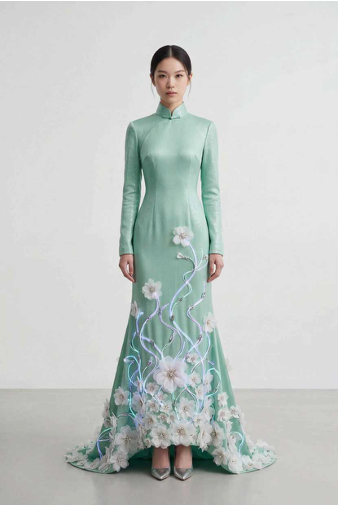 Front view of a mint green qipao with white florals and illuminated violet vines