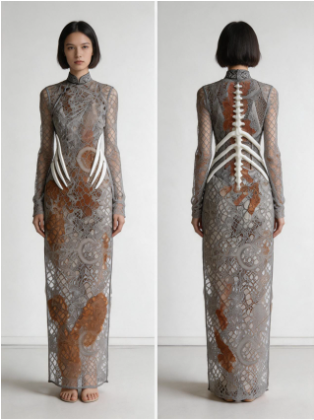 Combined front and back overview of a qipao pierced by skeletal structures