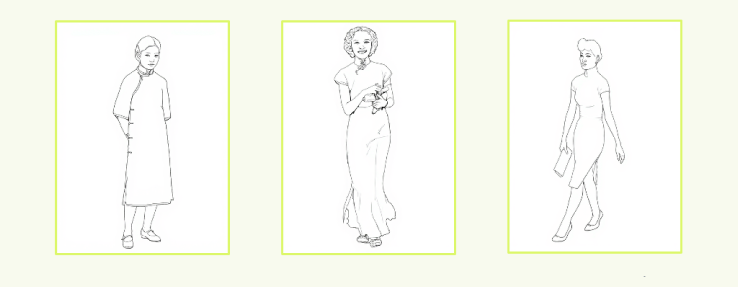 Line drawings of qipao silhouettes from three historical eras