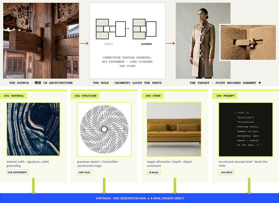 Latent Heritage workflow combining material, structure, form and prompt channels