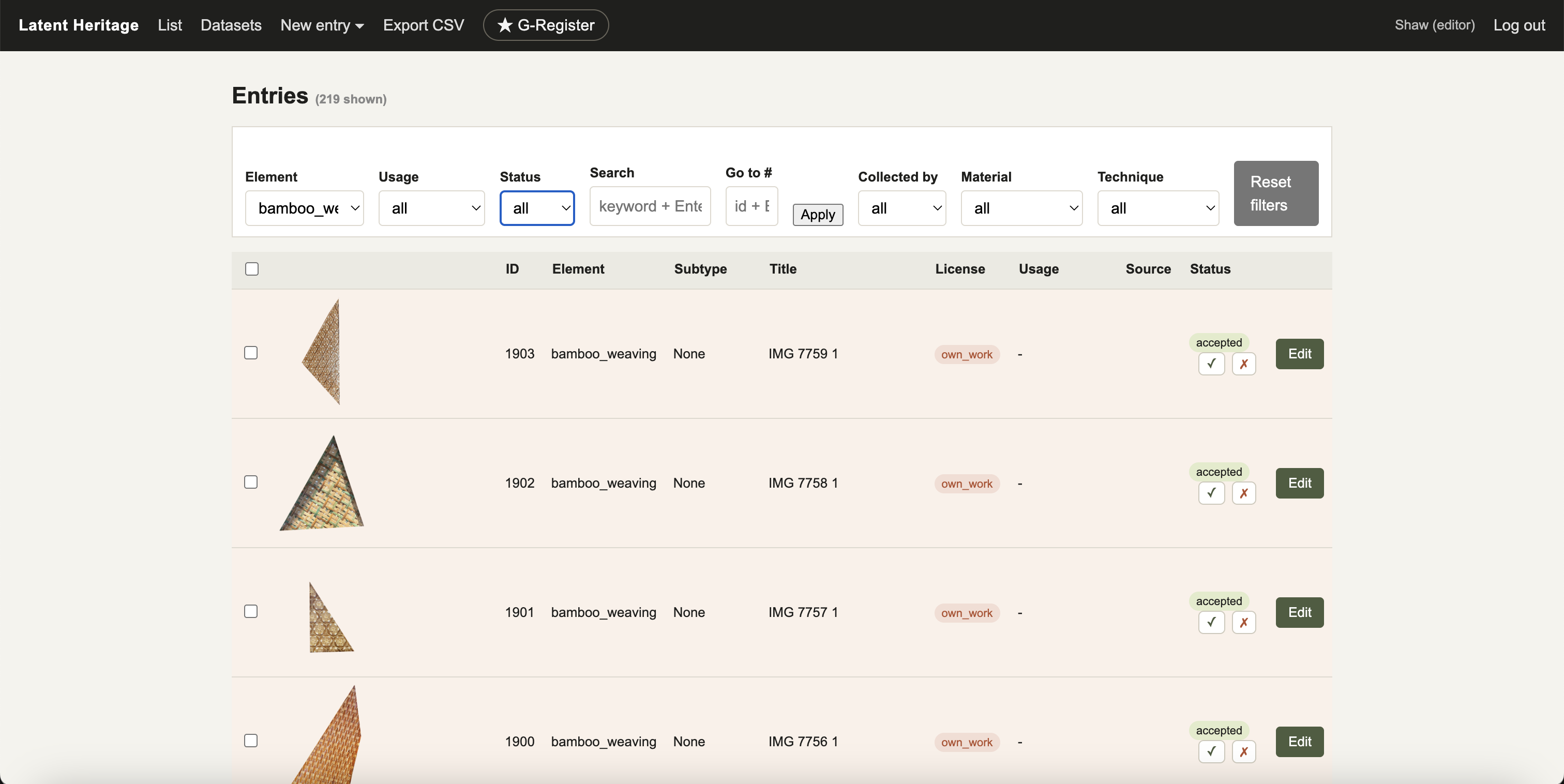 Internal Latent Heritage source database and dataset export interface