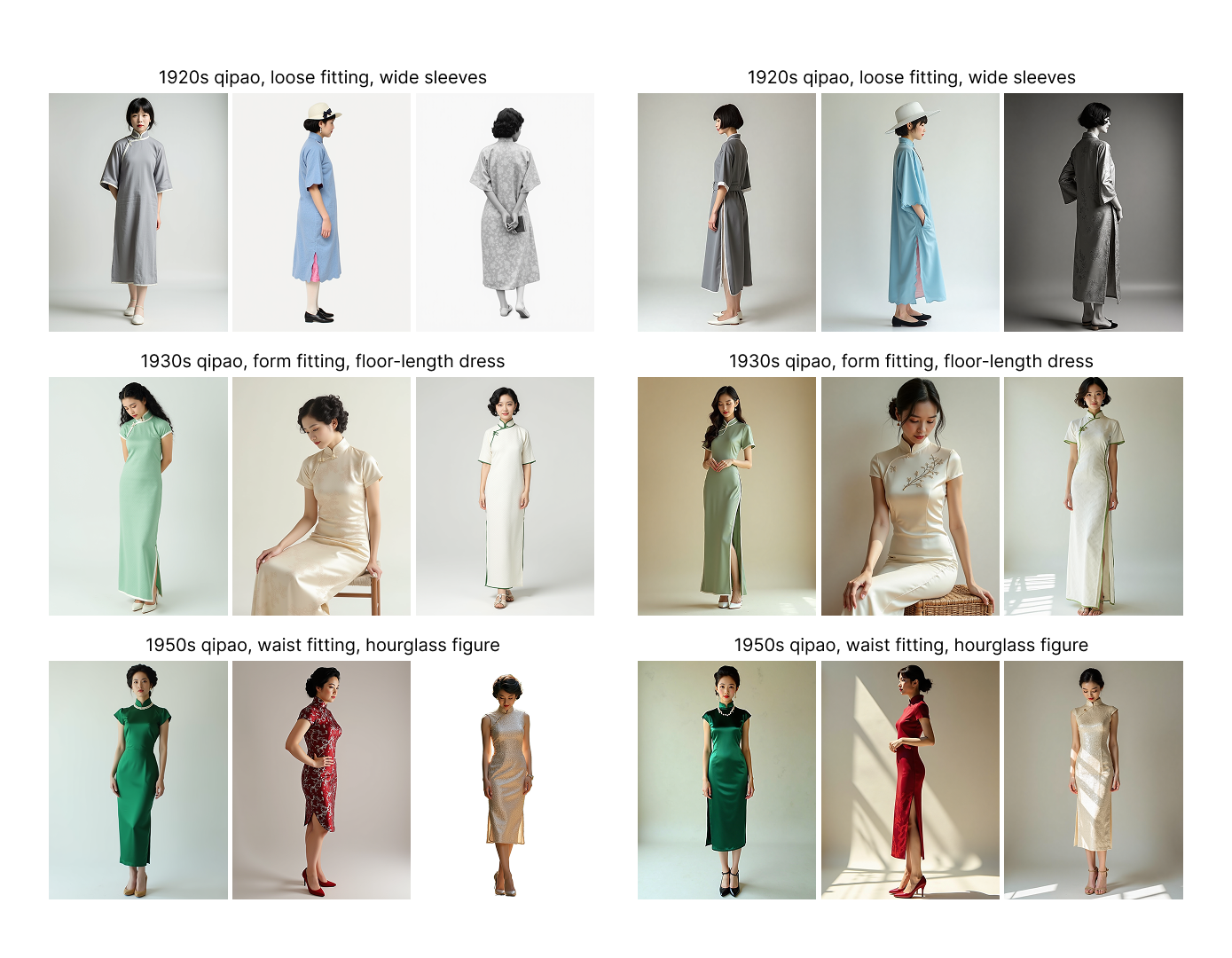 Generated qipao comparisons with the base model plus fine-tuned LoRA on the left and the base model alone on the right