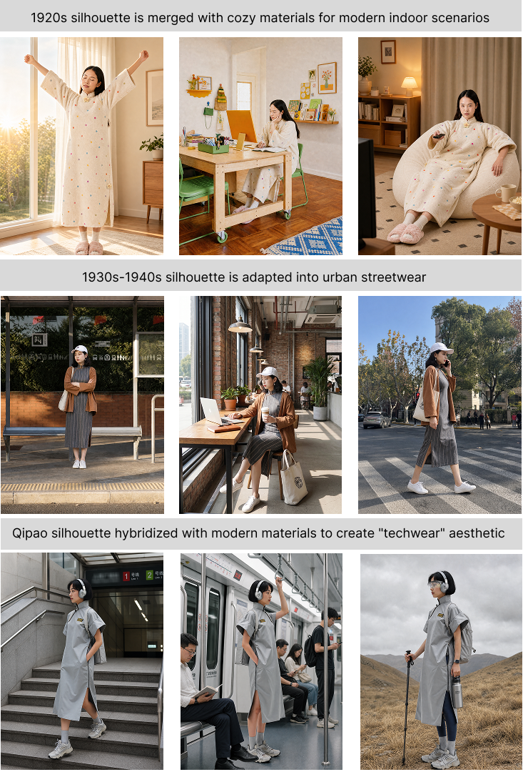 Historical qipao silhouettes adapted to indoor, streetwear and technical clothing contexts