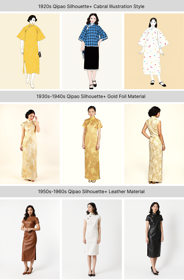 Historical qipao silhouettes transferred across illustration styles and materials